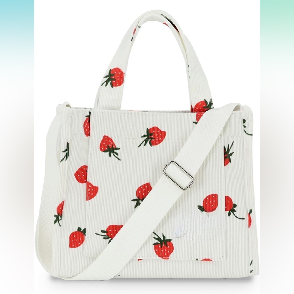 Strawberry Print White corduroy Tote Bag